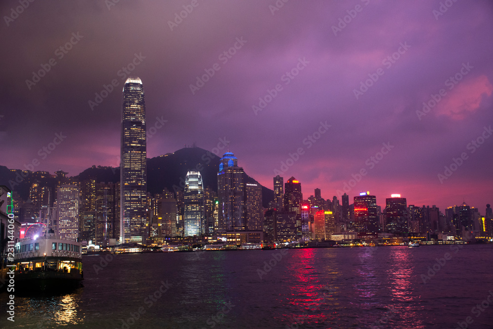 Symphony of Lights is the spectacular light and sound show at Victoria Harbour evening time in Hong Kong, China