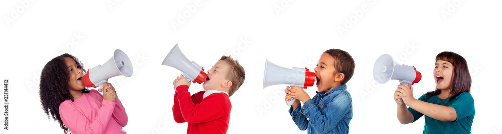 Funny children shouting through a megaphone to his friend - obrazy, fototapety, plakaty 