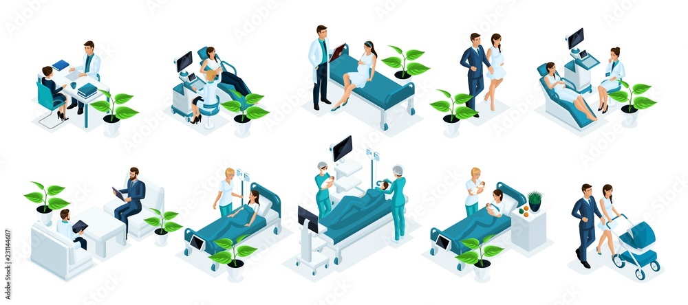 Isometric set concept monitoring a pregnant woman in hospital, examining a patient, ultrasound test, monitoring in a hospital, childbirth, monitoring a mother and newborn Isometric set concept monitoring a pregnant woman in hospital, examining a patient, ultrasound test, monitoring in a hospital, childbirth, monitoring a mother and newborn