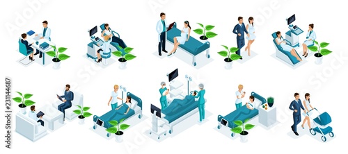 Isometric set concept monitoring a pregnant woman in hospital, examining a patient, ultrasound test, monitoring in a hospital, childbirth, monitoring a mother and newborn