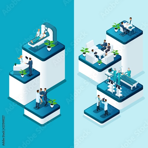 Isometric banners Hospital, Medical MRI Scan, Operating Room with Doctors, Fluorography Process, Surgeon Office, diagnostics private Clinic