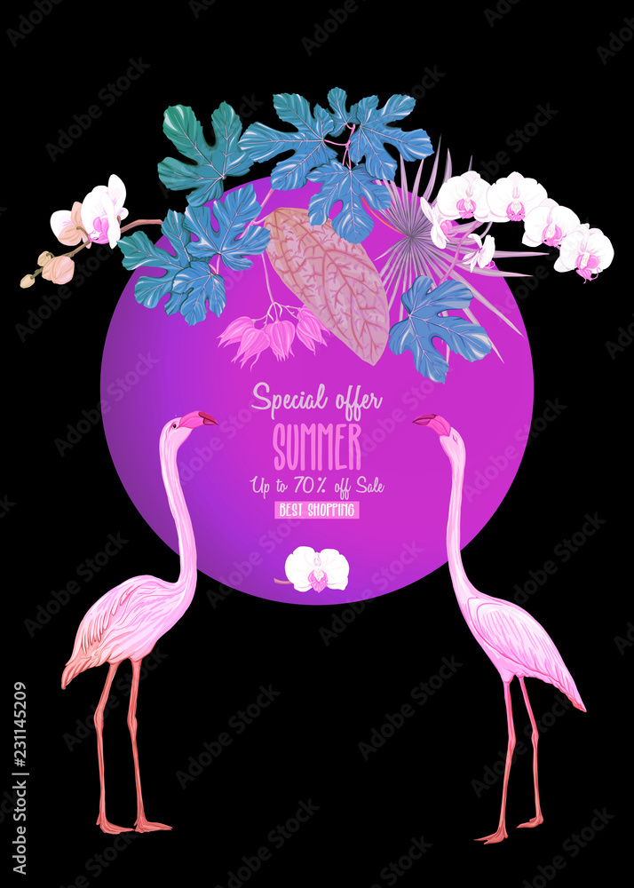 Template for greeting card,  invitation or banner  with tropical plants