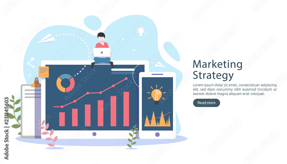 digital marketing strategy concept with tiny people character, table, graphic object on computer screen. online social media marketing modern flat design for landing page and mobile website template.