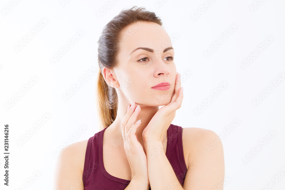 Macro Woman face with no wrinkles on forehead. Skin care and spa face beauty. Cosmetology facial treatment and anti aging concept. Copy space Macro Woman face with no wrinkles on forehead. Skin care and spa face beauty. Cosmetology facial treatment and anti aging concept. Copy space