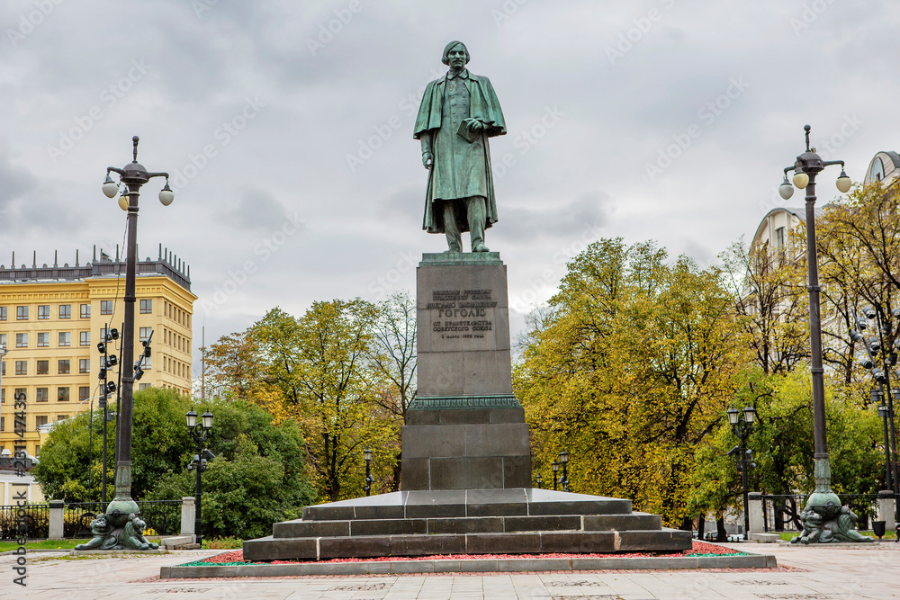 Moscow, Russia, Monument to the great Russian writer Gogol. The monument to Nikolai Vasilyevich Gogol is located at the end of Gogol Boulevard near Arbat square.