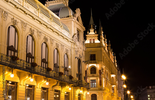 View on Municipal House (1912) in art nouveau style -- is a major landmark and concert hall in Prague, Czech Republic photo