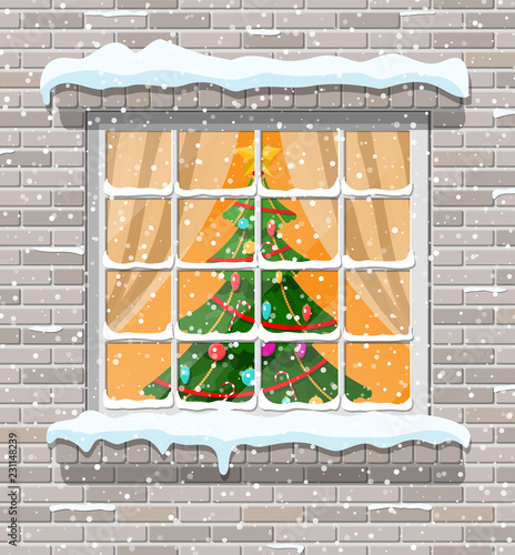 Christmas window in brick wall. Living room with christmas. Happy new year decoration. Merry christmas holiday. New year and xmas celebration. Vector illustration flat style
