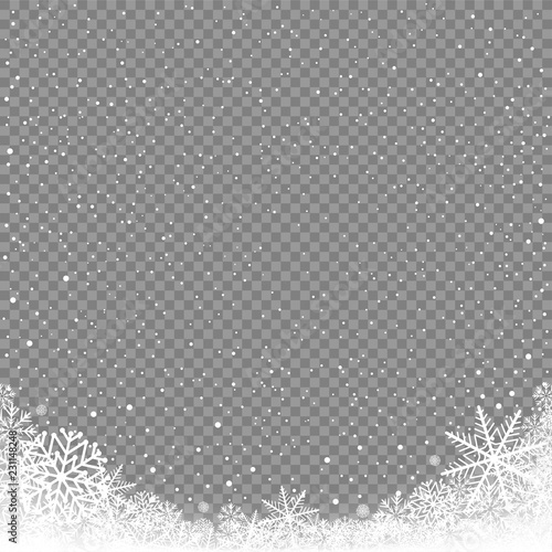 Winter snowfall on transparent background. Frosty close-up wintry snowflakes. Ice shape pattern. Christmas holiday decoration backdrop