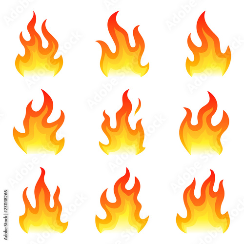 Red fire flat icons set isolated on white background for danger concept or logo design. Flame set and red fire set.