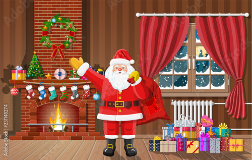 Christmas interior of room with window, santa claus gifts and decorated fireplace. Happy new year decoration. Merry christmas holiday. New year and xmas celebration. Vector illustration flat style