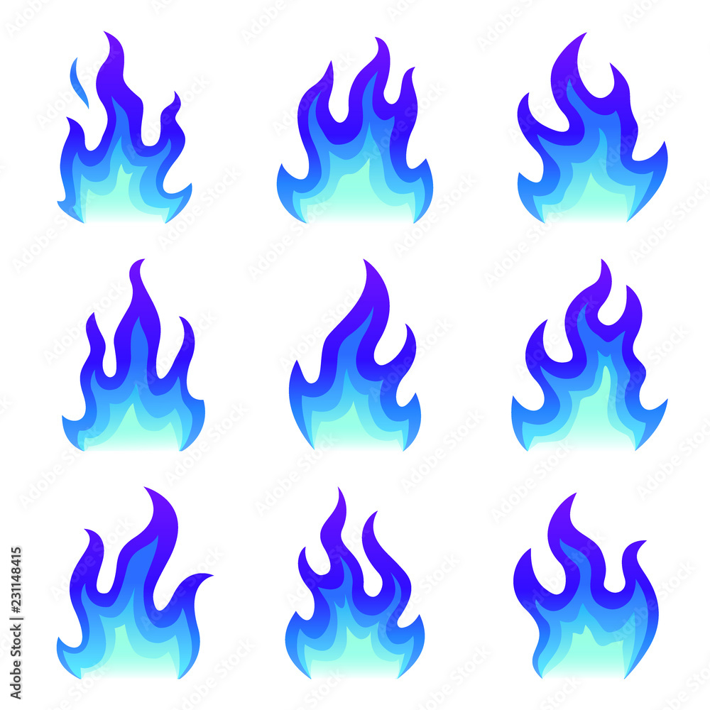 Set of blue fire icons, Flat fire flame vector illustration. Collection