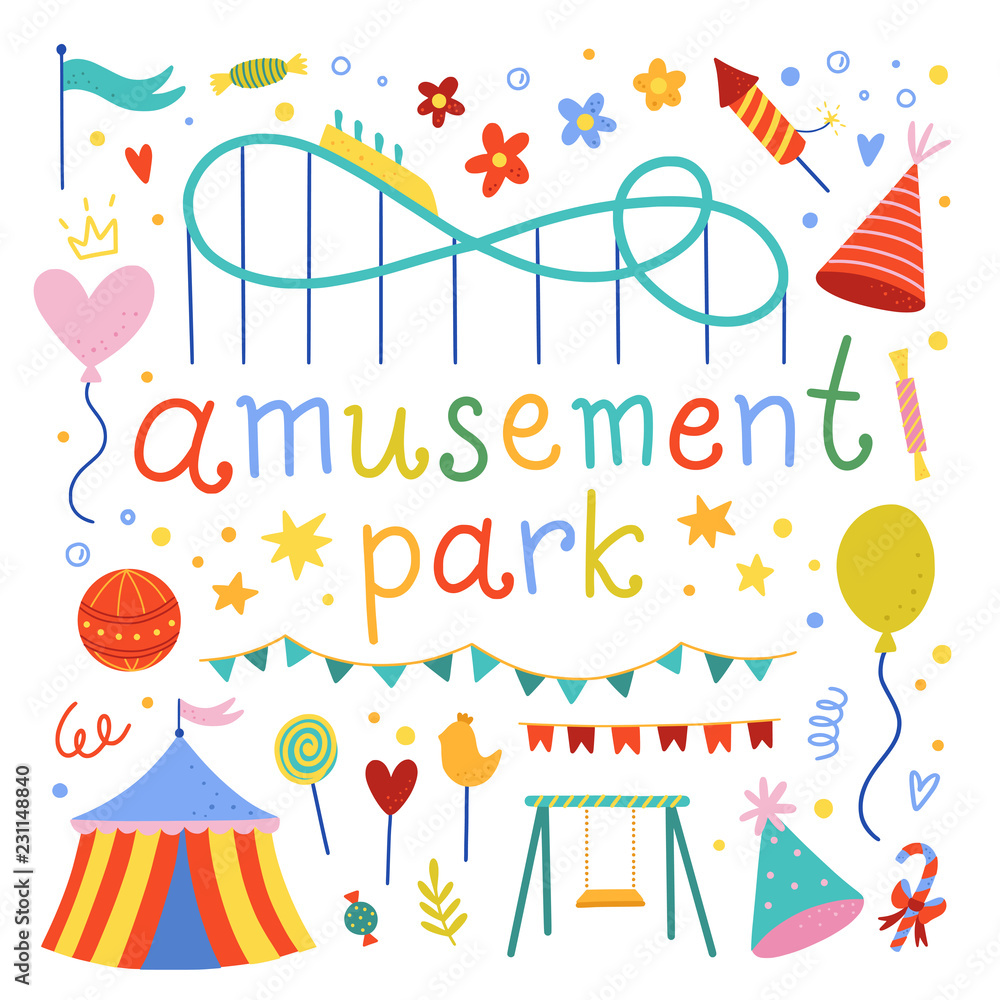 Amusement park cute illustration set. Vector elements for children parties, circus, celebration events. Attractions for parks on white background