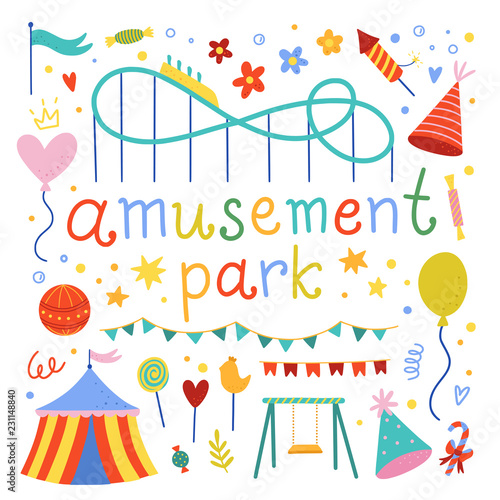 Amusement park cute illustration set. Vector elements for children parties, circus, celebration events. Attractions for parks on white background