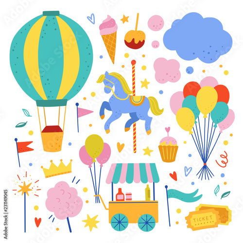 Air ballon, carousel, ice cream shop and other amusement park cute vector illustrations