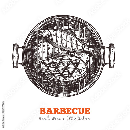 Barbecue tray with fish and beef steak sketch. Whole fish and meat cutlet on plate, tasty organic healthy food. BBQ meals illustration in engraved style. Vector isolated on white