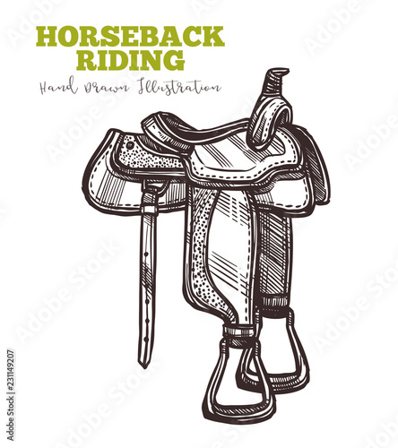 Equipment for horse, riders saddle hand drawn. Vector illustration in engraved retro style. Vector isolated on white background. Horseback ridding concept. Sketch image