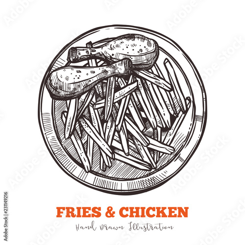 French fries and chicken legs hand drawn sketch. Traditional fast food dish. Fowl with garnish on plate. Meals illustration in engraved style. Vector isolated on white for menu and other projects