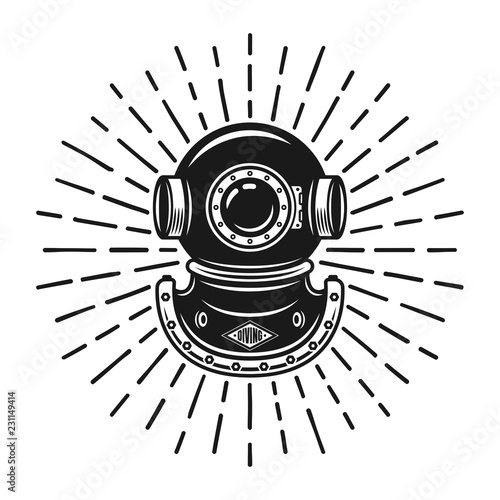 Diving helmet in vintage style with rays vector