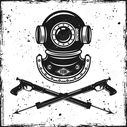 Vintage diving helmet and two spearfishing guns