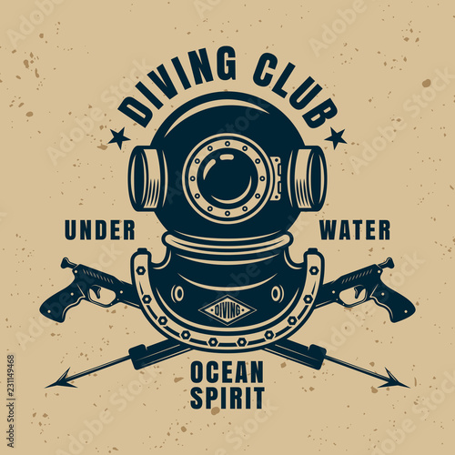 Diving school vintage emblem with two spear guns