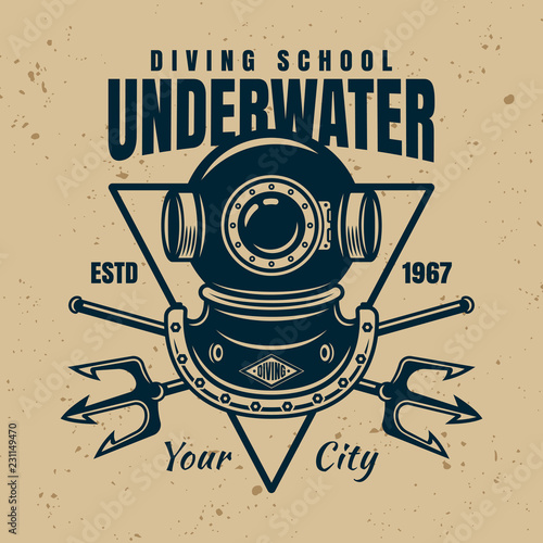 Diving school vector emblem with text underwater