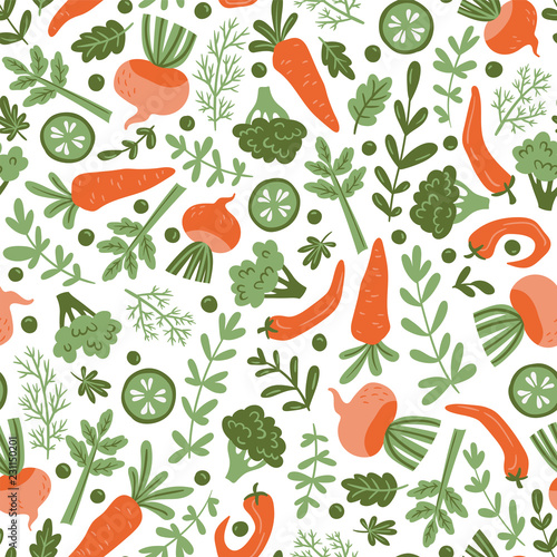 Seamless pattern with hand drawn colorful doodle vegetables. Vegetarian meal. Vegetable repeated vector background. Healthy restaurant menu.