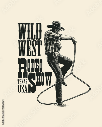 Rodeo show. Hand drawn vintage engraving illustrations and typography elements. Design for t-shirt or poster. Vector