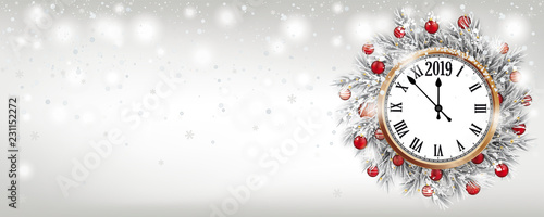 Christmas Frozen Twigs Snowfall Red Baubles Clock 2019 Banner