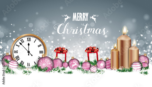 Merry Christmas Card Header Snowflakes Baubles Gifts Clock Candles