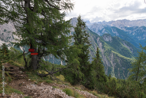 Red signpost on hikers trail, Julian Alps, Slovenia