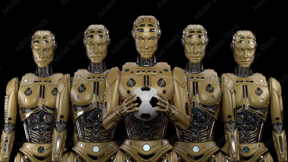 Robot soccer team. Cyborg football team. Isolated on black background. 3D Render.