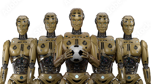 Robot soccer team. Cyborg football team. Isolated on white background. 3D Render.
