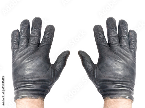 male hands in black leather gloves isolated on white background photo