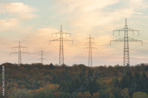 Power poles over autumn forest sunset