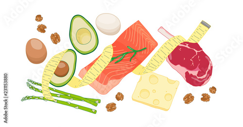 Atkins low carb diet concept illustration with meat, fatty fish, eggs, vegetables, cheese and nuts.