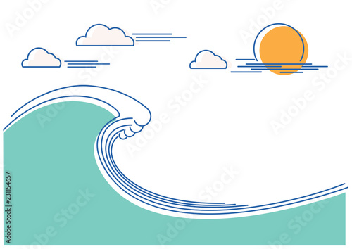 Big ocean wave.Vector flat line color illustration