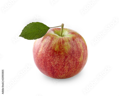 Red apple with leaf on white background