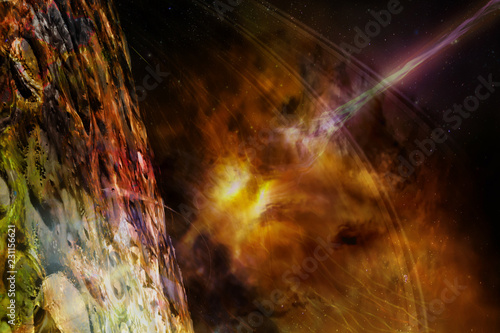 Fototapeta Naklejka Na Ścianę i Meble -  Alien planet in outer space with flame of galaxy and laser beam. Elements of this image furnished by NASA.