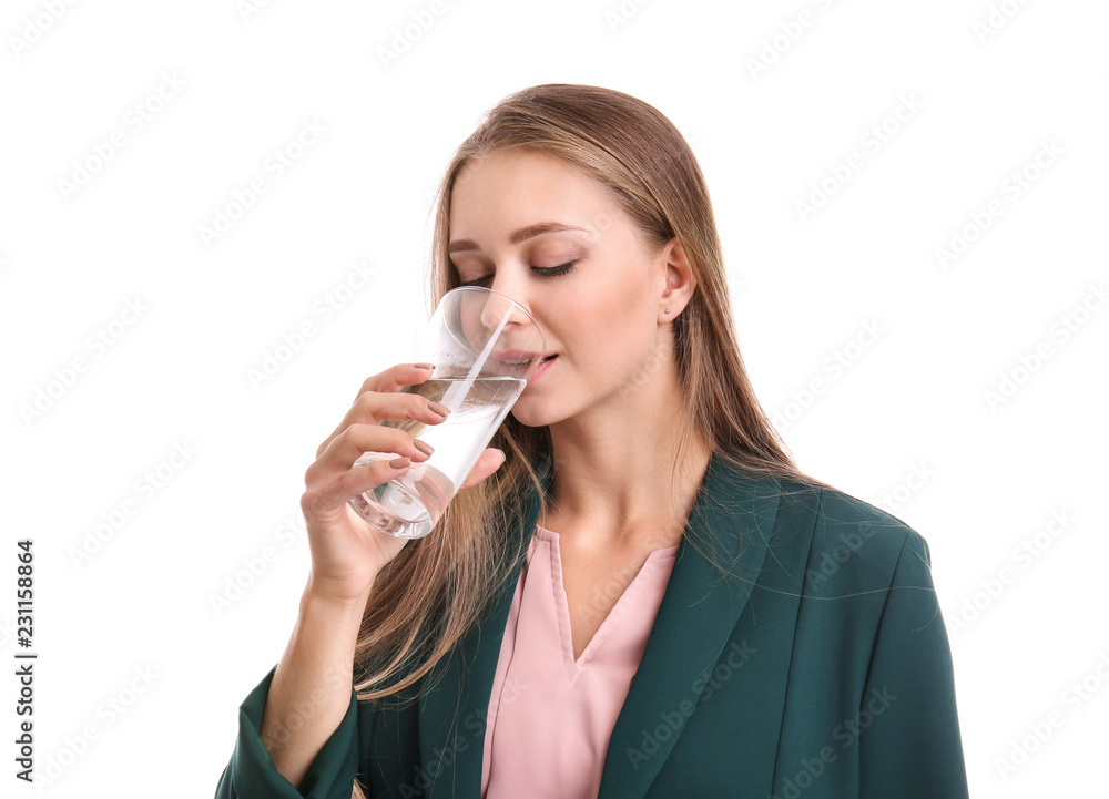 Beautiful young woman drinking water on white background Beautiful young woman drinking water on white background