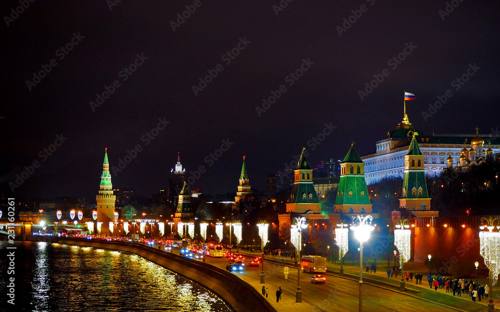 view from the bridge to the Kremlin, Moscow river and Moscow City. Panorama at night, Moscow, Russia