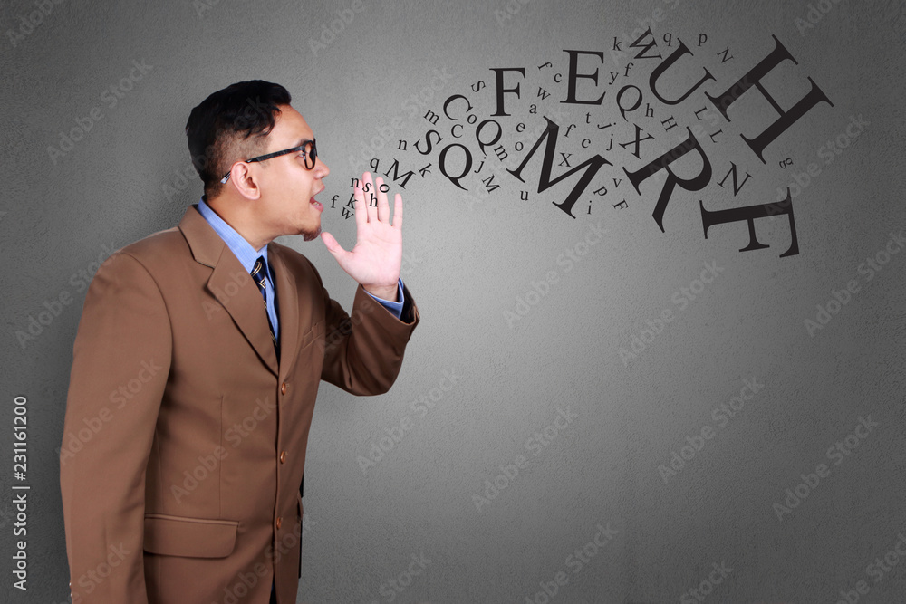 Businessman Screaming with Alphabet Coming Out Businessman Screaming with Alphabet Coming Out