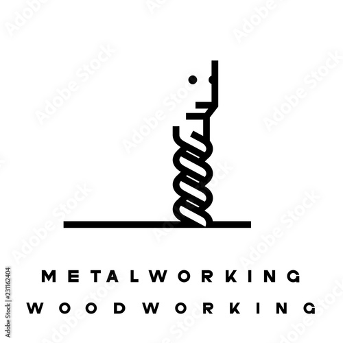 
illustration consisting of several images of milling cutters for wood and metal and the inscription "woodworking" and "metalworking" in the form of a symbol or logo