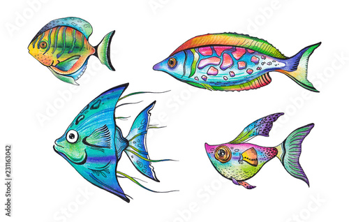Set of bright tropical fish on a white background. Illustration in cartoon style with colored pencils and a liner
