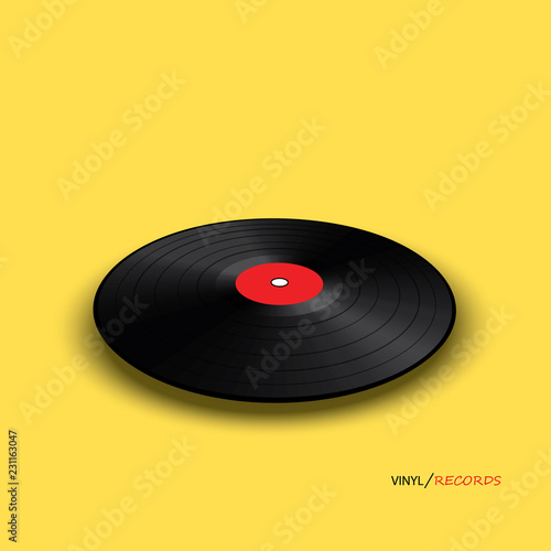 Poster of vinyl player record. Music label logo.