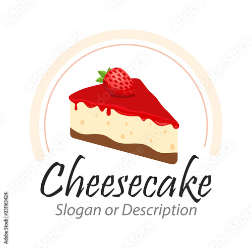 Tasty Cheesecake with Strawberry illustration with captions -Vector emblem isolated on white background.
