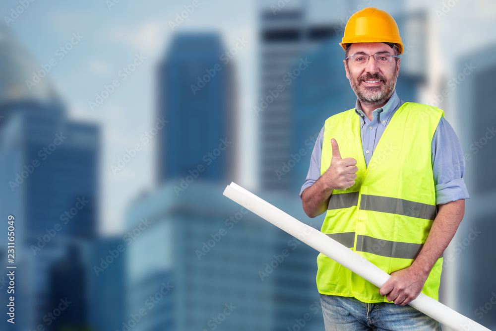 Fototapeta premium construction worker, cityscape blurred background
