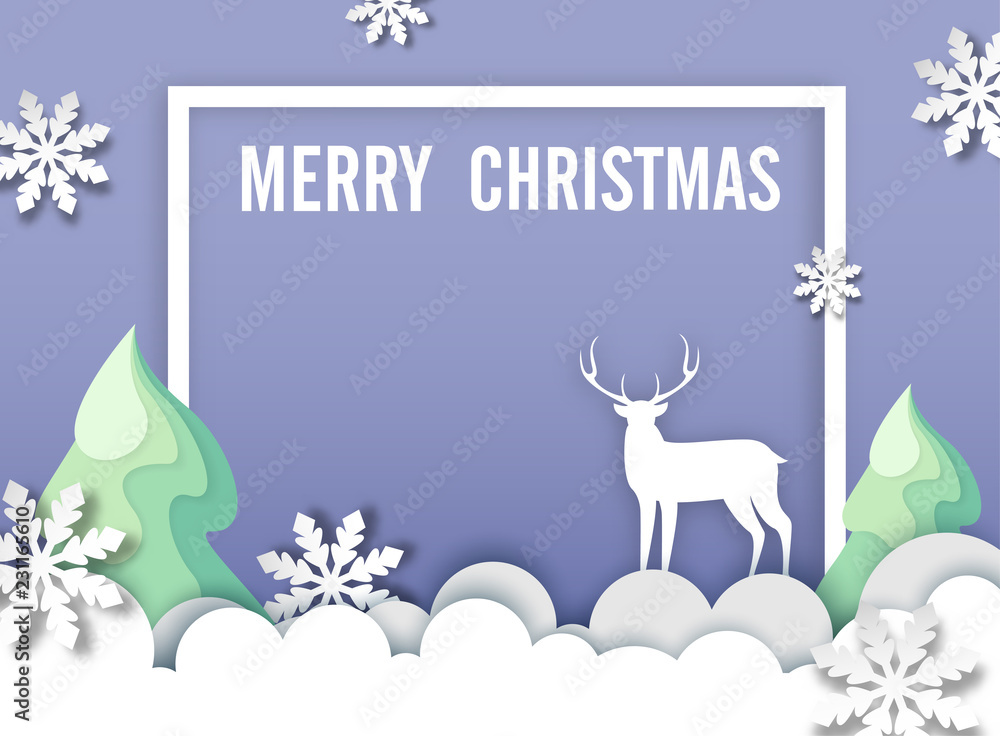 Naklejka Merry Christmas card with paper fir trees, deer and snowflakes.
