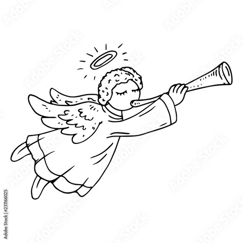 Angel icon. Vector illustration of a cute angel with lyre. Hand drawn little angel.