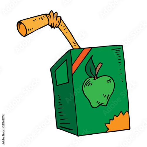 Apple juice. Vector illustration of apple juice in carton with a straw. Hand drawn packet of apple juice with a straw.