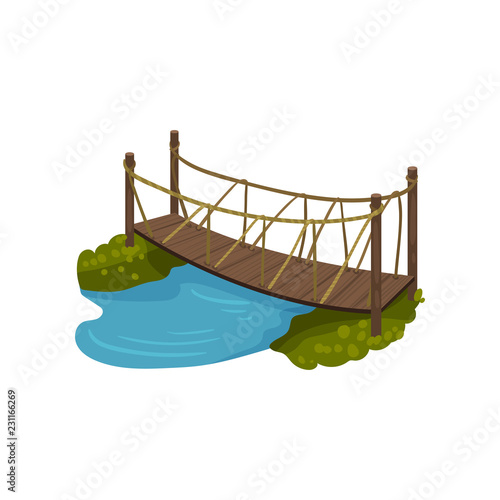 Timber bridge with rope railings. Small wooden footbridge over blue river. Cartoon landscape element. Flat vector design